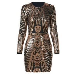BLACK COPPER GOLD SEQUIN GEOMETRIC PATTERN LONG SLEEVE BODYCON MINI DRESS